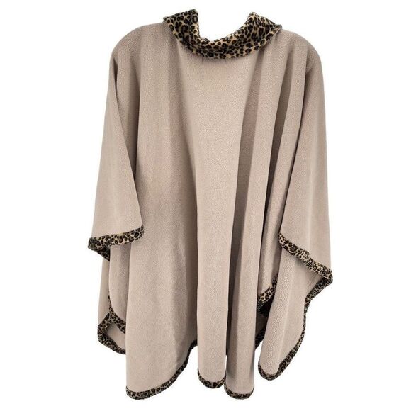 Le Moda Womens Wrap blanket Sweater Leopard Trim Full Zip Pocket Beige Tan One S - Picture 2 of 11